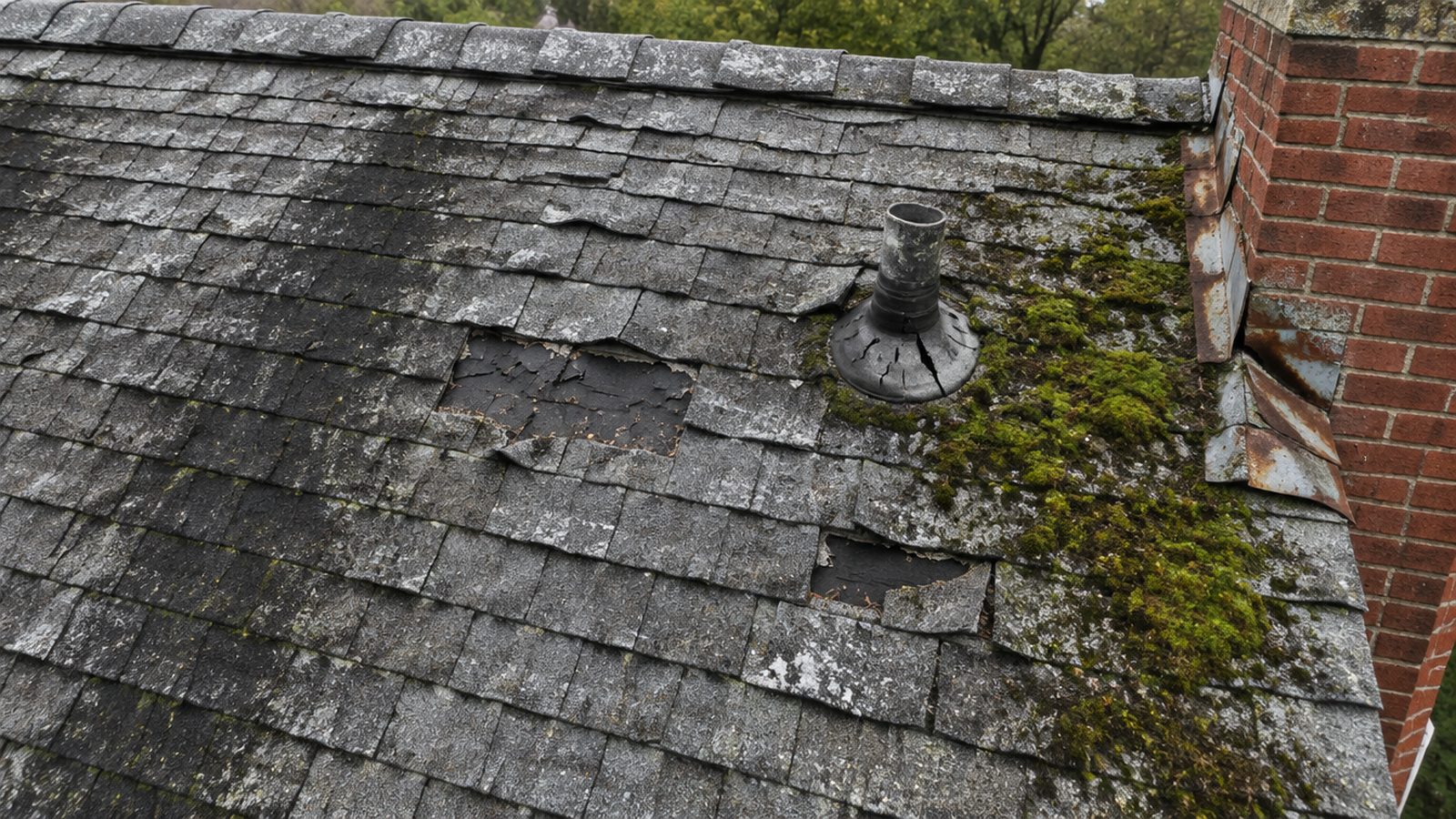 Close-up of storm-worn shingles, moss and lifted flashing